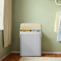 Bamboo Laundry Basket, 2 Sorting Compartments, Removable Bag