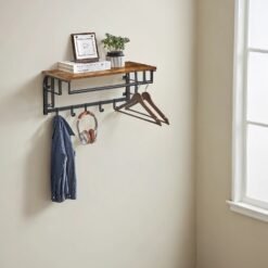 Coat Rack Wall-Mounted, Clothes Rail with 5 Removable Coat Hooks, Floating Shelf with Hanging Rail