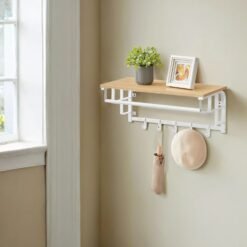 Coat Rack Wall-Mounted, Clothes Rail with 5 Removable Coat Hooks, Floating Shelf with Hanging Rail