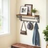 Clothes Rail with 5 Removable Coat Hooks, Floating Shelf with Hanging Rail, Coat Rack Wall-Mounted, Brown and Black