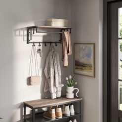 Coat Rack Wall-Mounted, Clothes Rail with 5 Removable Coat Hooks, Floating Shelf with Hanging Rail