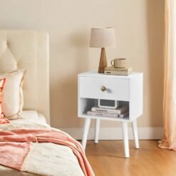 Bedside Table, Side Table with Storage Drawer and Open Shelf, Solid Wood Legs