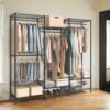 Portable Wardrobe, Open Wardrobe, Heavy-Duty Metal Clothes Rack with Adjustable Shelves and Hanging Rails, Hooks, Black