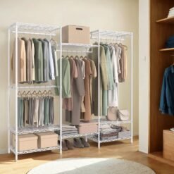 Portable Wardrobe, Open Wardrobe, Heavy-Duty Metal Clothes Rack with Adjustable Shelves and Hanging Rails, Hooks, White