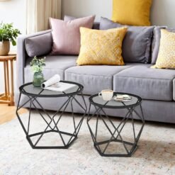 Small Round Coffee Table Set of 2, with Steel Frame, for Living Room