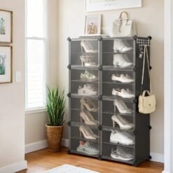 Interlocking Shoe Rack, Plastic Shoe Storage Cabinet, 16-Slot Modular Storage Unit