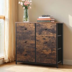 Dresser with 6 Fabric Storage Drawers, Metal Frame Organiser for Bedroom, Nursery, Hallway, Brown and Black