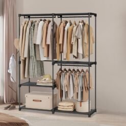Freestanding Clothing Rack, Large Capacity Closet with 3 Hanging Rods and Shelves, for Bedroom, Black