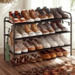 3-Tier Shoe Organizer, Fabric Shoe Shelf Storage with 4 Hooks, Holds up to 15 Pairs of Shoes