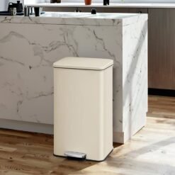 Large Pedal Rubbish Bin, 40L Steel Kitchen Trash Can with Lid, Soft Close, 15 Liners, for Home, Beige
