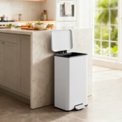 Large Rubbish Bin, 40L Step Waste Bin with Lid, Soft Close, Steel, for Kitchen, White