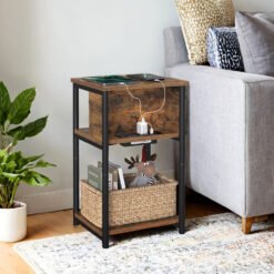 Slim Side Table with Charging Station, Narrow Bedside Table with 2 AC Outlets 2 USB Outlets, 30 x 34 x 58 cm