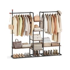 Clothes Rail 6 Storage Shelves 2 Hanging Rails Natural Walnut and Ink Black