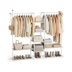 Clothes Rail 6 Storage Shelves 2 Hanging Rails Natural Beige and Matte White