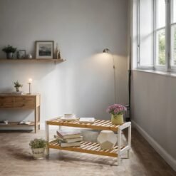 2-Tier Shoe Rack, Natural Bamboo Shelf, for Hallway Bedroom Bathroom