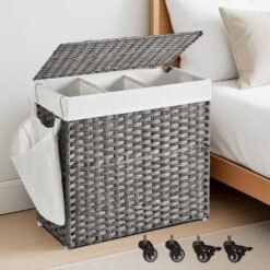 Rolling Clothes Hamper with Lid, 3-Section Laundry Basket, Removable Liner, for Bedroom or Laundry Room, 140 L, Grey