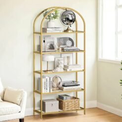 Tempered Glass Shelving Unit, Steel Frame, 5-Tier Storage Shelf for Living Room Study Bathroom, Gold