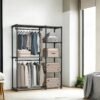 Freestanding Foldable Closet Wardrobe With Coat Rack And Clothes Rails, Open Storage Organizer For Bedroom Cloakroom, Taupe