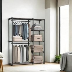Freestanding Foldable Closet Wardrobe With Coat Rack And Clothes Rails, Open Storage Organizer For Bedroom Cloakroom, Taupe