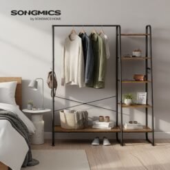 Garment Rack with 5-Tier Shelves, Clothes Storage Rack, 6 Hooks, for Living Room or Bedroom, Brown and Black