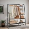 Garment Rack with Shoe Shelf and 5-Tier Storage, 6 Side Hooks for Bedroom & Living Room, Ebony Black