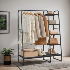 Garment Rack with Shoe Shelf and 5-Tier Storage, 6 Side Hooks for Bedroom & Living Room, Ebony Black
