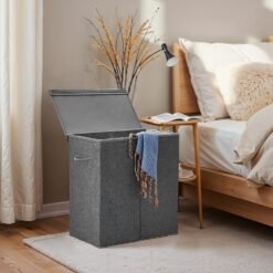 Foldable Laundry Basket With Lid, 142L Dual-Compartment Hamper, Handled Wash Bin With Removable Liner