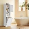 White Tall Bathroom Storage Cabinet with Removable Laundry Hamper, Freestanding Slim Organizer, for Small Spaces
