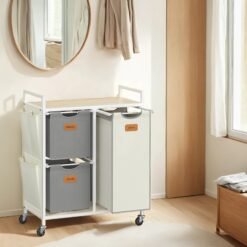 3-Compartment Laundry Hamper, 100 L Laundry Cart with Shelves, Natural Beige