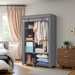 Portable Closet Organizer with 6 Shelves And Hanging Rail, Non-Woven Fabric Storage Cabinet With Metal Frame, Grey