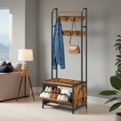 Industrial Entryway Hall Tree with Shoe Storage Bench, 7 Hooks and Shelf, Coat Rack for Bedroom, Rustic Brown and Black