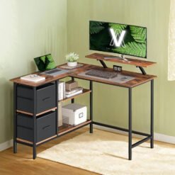 Corner Computer Desk with Monitor Stand, 115 cm Wide, Adjustable Shelf, 2 Drawers, for Home Office, Brown