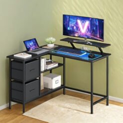Corner Computer Desk with Monitor Stand, 115 cm Wide, Adjustable Shelf, 2 Drawers, for Home Office, Black