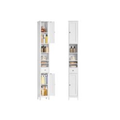 Slim Freestanding Bathroom Cabinet with Adjustable Shelves and Drawer Cloud White