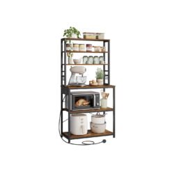 Bakers rack with power outlet and storage shelves for kitchen