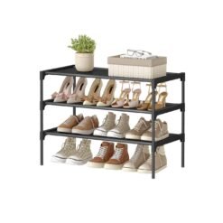 3-tier shoe rack with fabric shelves and metal frame