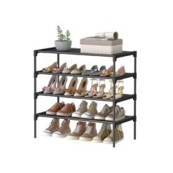4-tier shoe rack with fabric shelves and metal frame