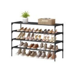 4-tier shoe rack with fabric shelves and metal frame