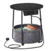 Round Side End Table with Fabric Basket and Power Outlets, Black and Grey