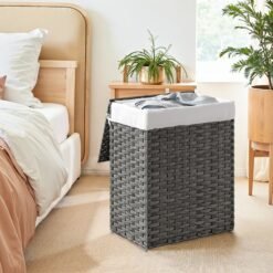 90 L Laundry Basket, Foldable Synthetic Rattan Storage Basket with Lid and Handles, Removable Liners