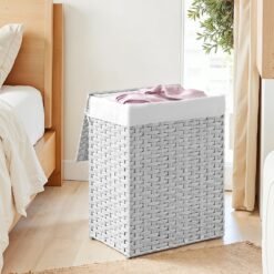 90 L Laundry Basket, Foldable Synthetic Rattan Storage Basket with Lid and Handles, Removable Liners