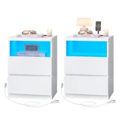 Bedside Tables with Adjustable LED Light, Set of 2, Nightstands with Drawers