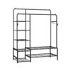 Open wardrobe clothes rack with shelves and hanging rods