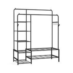 Open wardrobe clothes rack with shelves and hanging rods