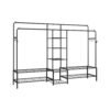 Open wardrobe clothes rack with shelves and hanging rods