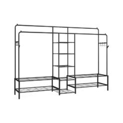 Open wardrobe clothes rack with shelves and hanging rods