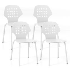 Metal Dining Chair Set of 4 with Hollowed Backrest and Metal Legs-White