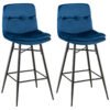 Bar Stools Set of 2 with Tufted Back, Metal Footrests and Legs-Blue