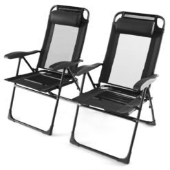 Patio Folding Chairs Set of 2 with Wide Armrests and 7-Level Backrest for Camping Backyard Garden-Black