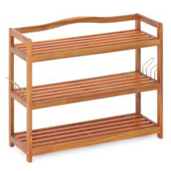 Solid Acacia Wood Shoe Rack Shelf with Side Metal Hooks-3-Tier